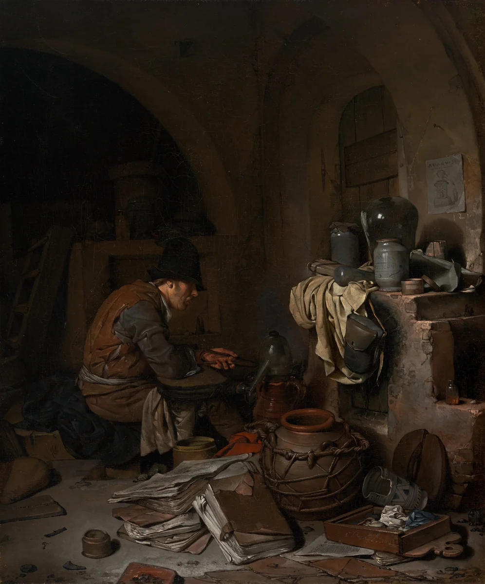 The Alchemist by Cornelis Bega, painting, 1663
