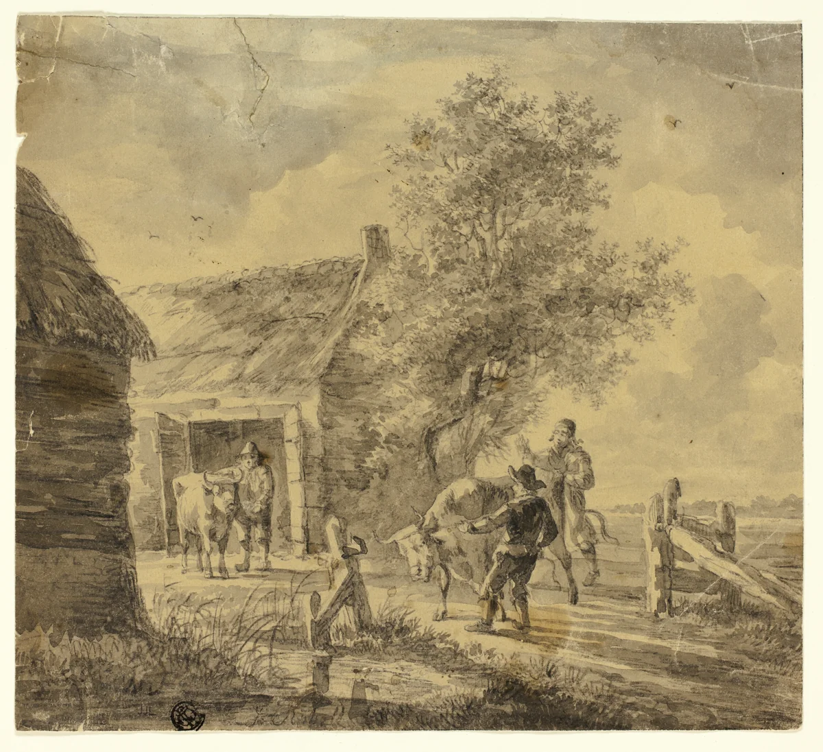 Farm with Men and Cows by Ferdinand Kobell, drawing, 1760-1799