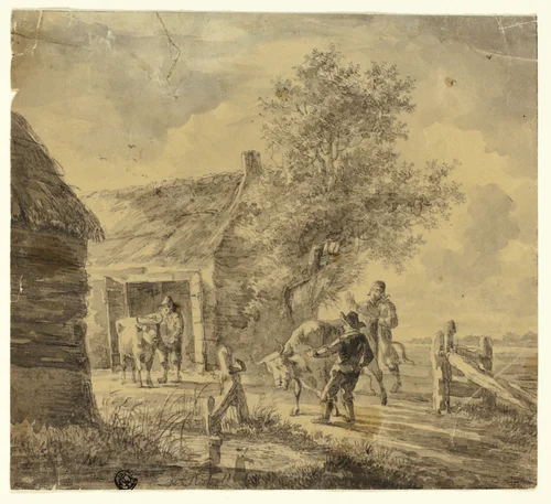 Farm with Men and Cows by Ferdinand Kobell, drawing, 1760-1799