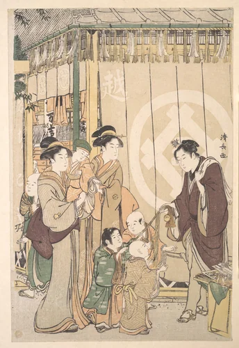 Group before the Echigo-ya Dry-goods Shop on New Year's Day by Torii Kiyonaga (鳥居清長), print, 1779-1799