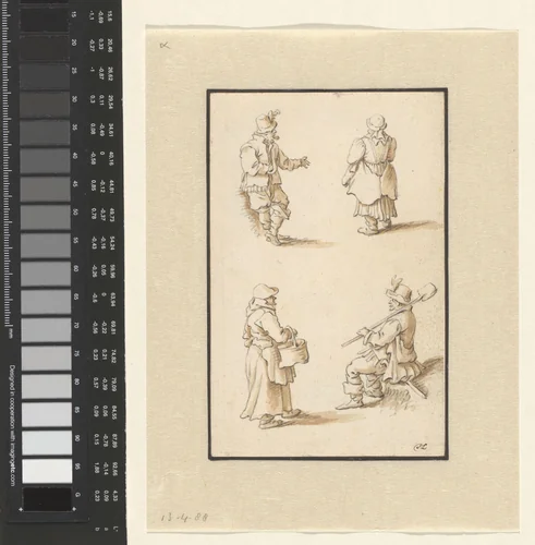 Een man, twee vrouwen en een man met een spade by Herman Saftleven, drawing, 1619-1685