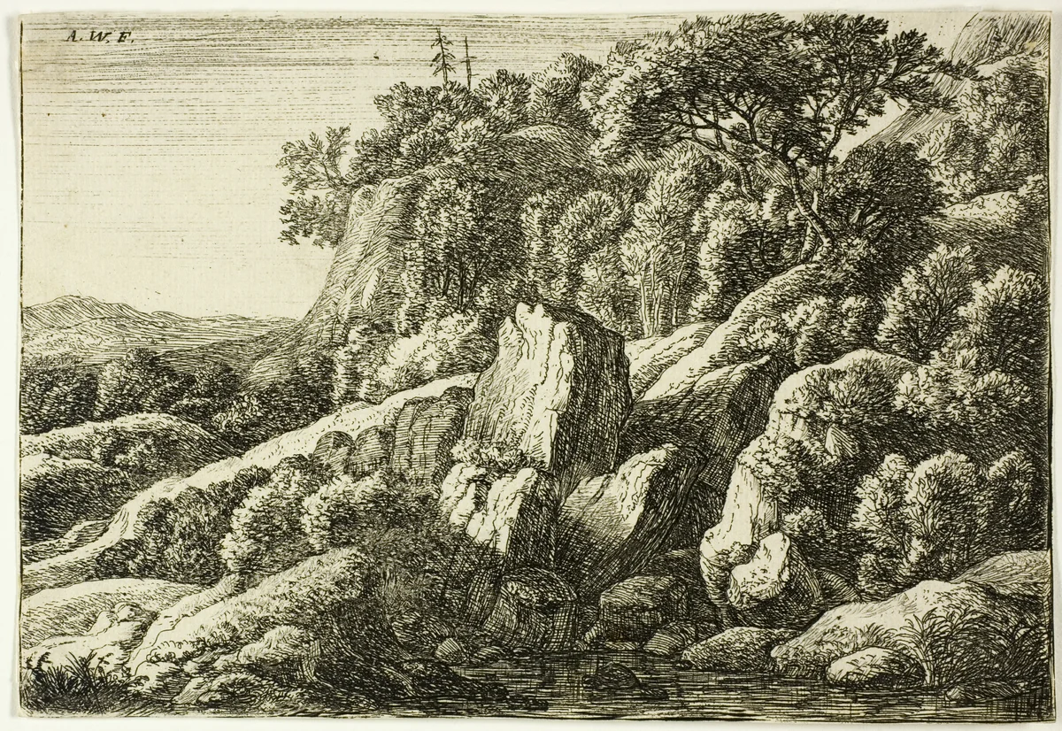 Rocky Landscape by Anthonie Waterloo, print, 1630-1690
