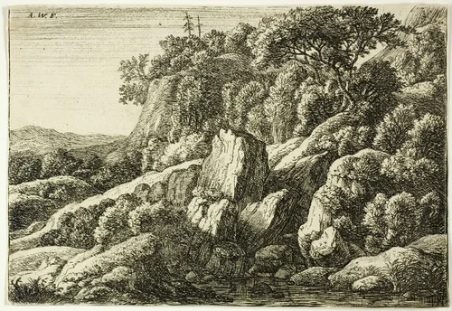 Rocky Landscape by Anthonie Waterloo, print, 1630-1690
