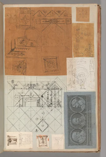 Page from a Scrapbook containing Drawings and Several Prints of Architecture, Interiors, Furniture and Other Objects by Charles Percier, book, 1795-1805