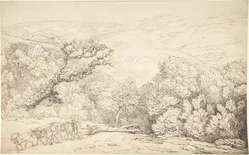 Landscape with Oxen and Felled Tree by Thomas Rowlandson, drawing, 1775-1827