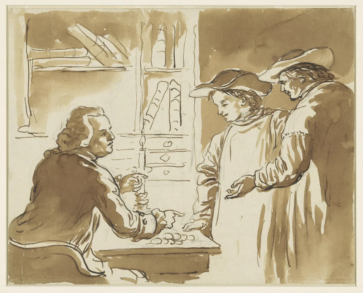 Interieur met drie mannen by anonymous, drawing, 1700-1800