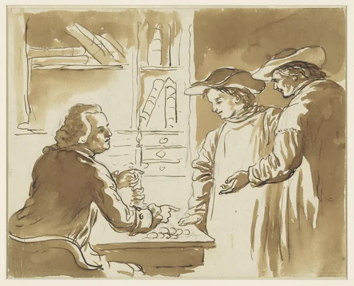Interieur met drie mannen by anonymous, drawing, 1700-1800