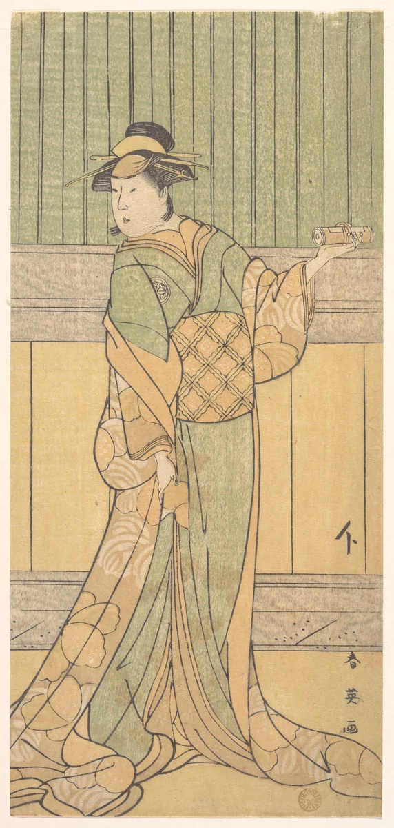 Osagawa Tsuneyo as a Woman Standing in a Room by Katsukawa Shun'ei (勝川春英), print, 1783-1803