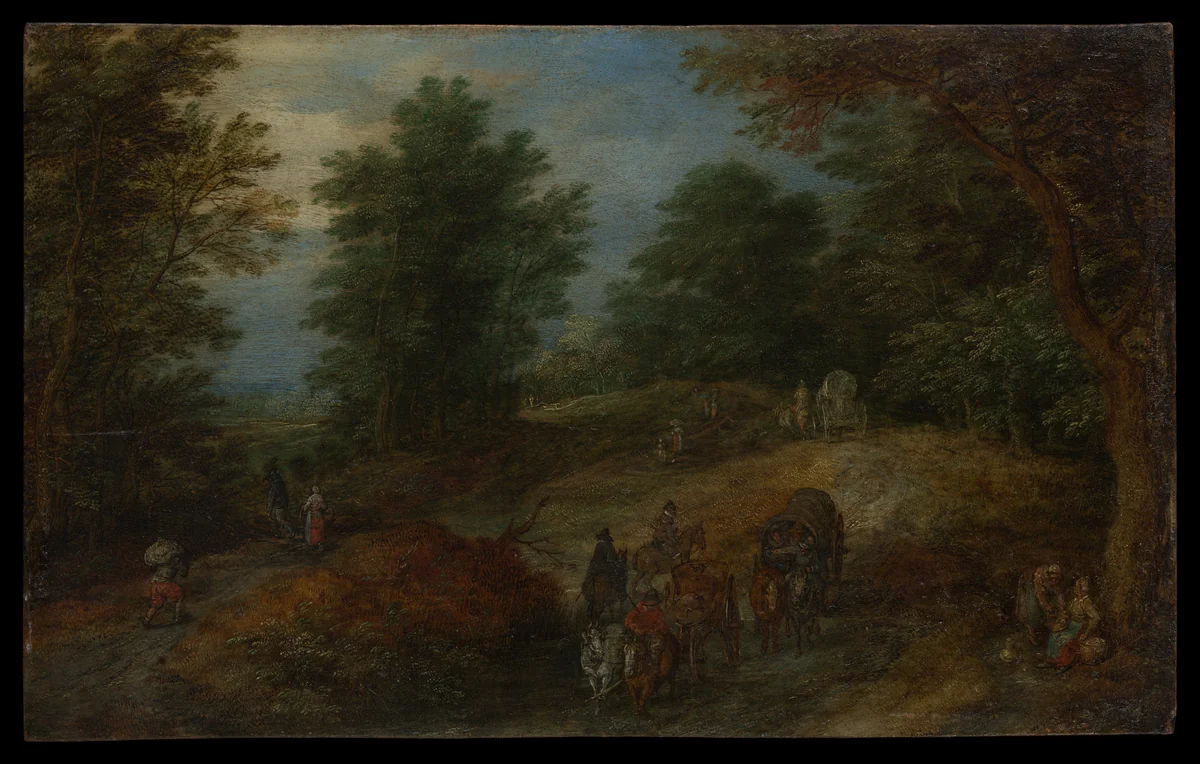 Landscape with Travelers on a Woodland Path by Jan Brueghel, painting, 1602-1612