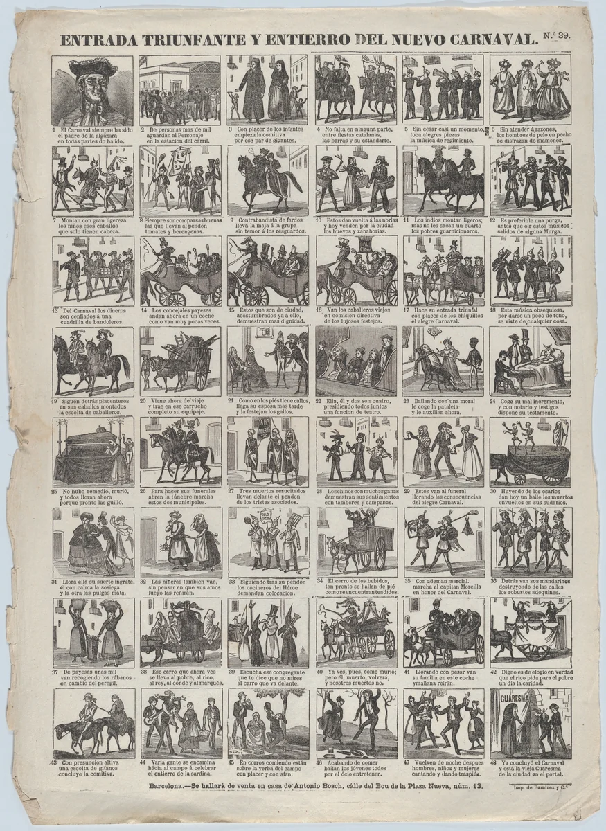 Broadside with 48 scenes relating to carnival in Barcelona by Antonio Bosch, print, 1855-1865