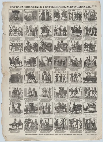 Broadside with 48 scenes relating to carnival in Barcelona by Antonio Bosch, print, 1855-1865