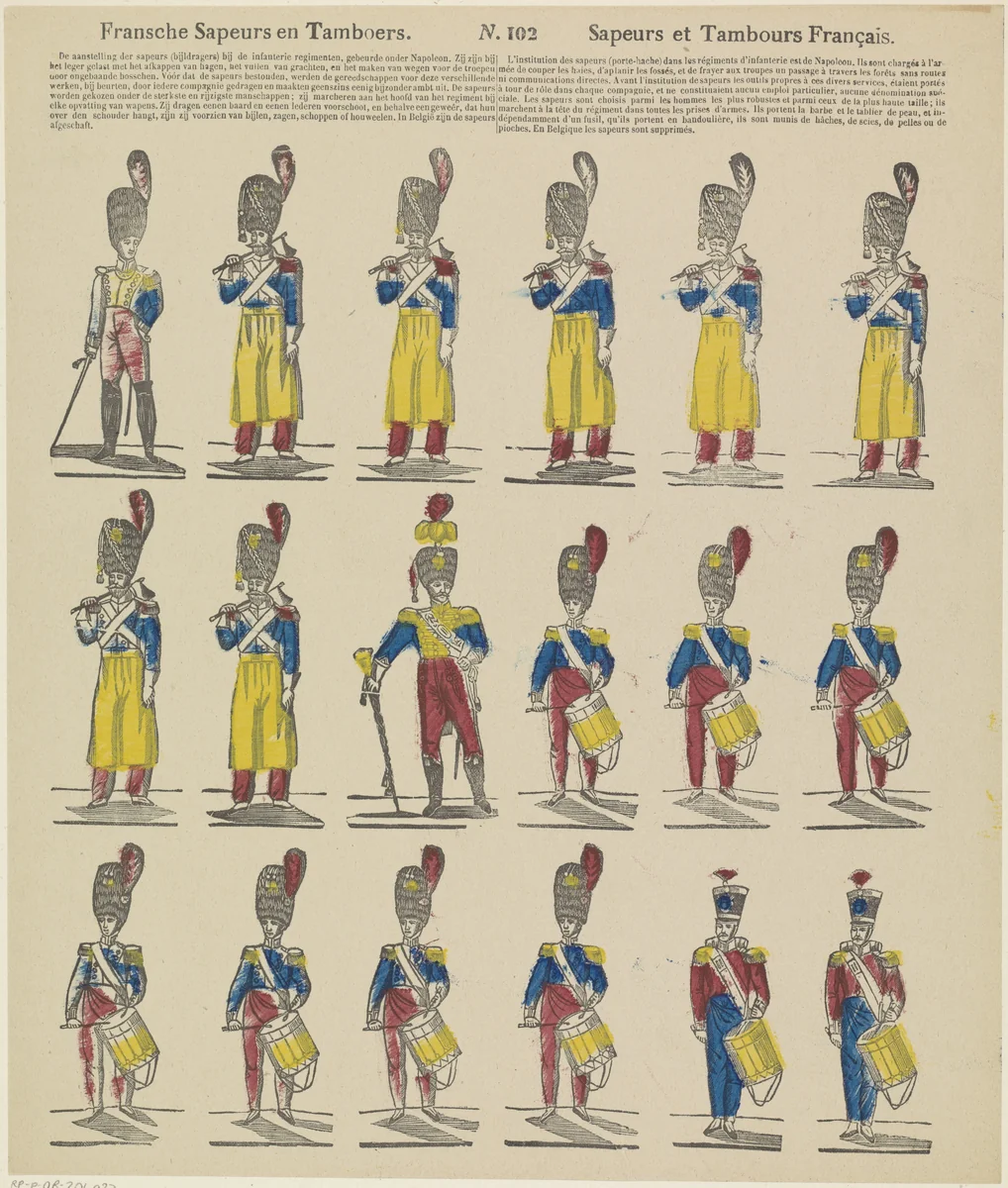 Fransche sapeurs en tamboers / Sapeurs et tambours Français by Philippus Jacobus Brepols, print, 1800-1833
