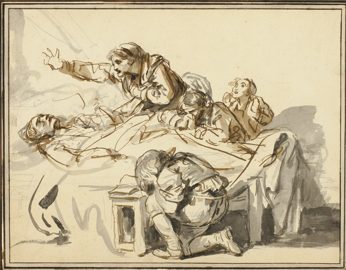 Women and Children Mourning a Dead Man by Jean-Baptiste Greuze, drawing, 1778