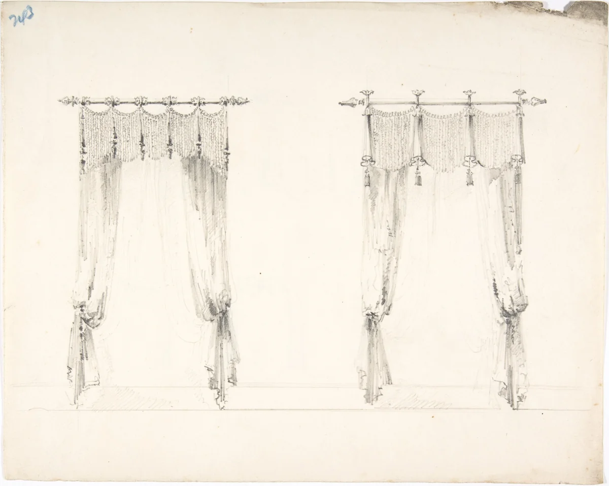 Design for Two Fringed Curtains Handing from Rods (Verso: Sketches) by anonymous, drawing, 1800-1850