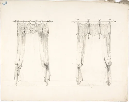 Design for Two Fringed Curtains Handing from Rods (Verso: Sketches) by anonymous, drawing, 1800-1850
