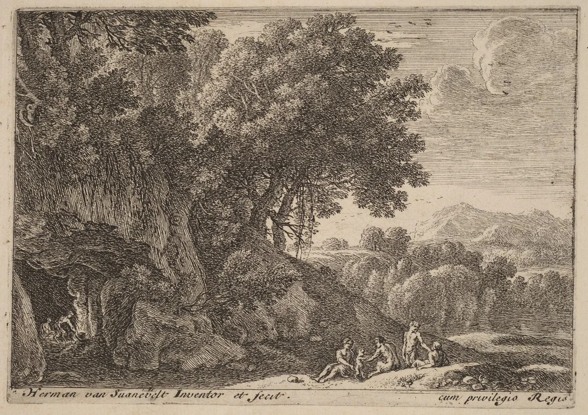 Satyrs around a Fire by Herman van Swanevelt, print, 1600-1655