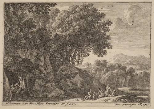 Satyrs around a Fire by Herman van Swanevelt, print, 1600-1655