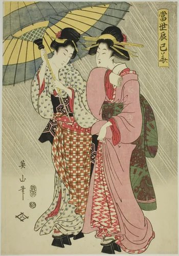 Two girls under an umbrella, from the series "Contemporary Flowers of the Southeast (Tosei Tatsumi no hana)" by Kikukawa Eizan, print, 1807