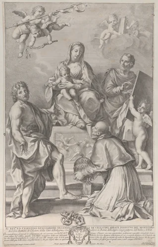 Madonna and Child at center with Saint John the Baptist, Saint Luke, Pope Peter Celestini, and angels by Robert van Audenaerde, print, 1694