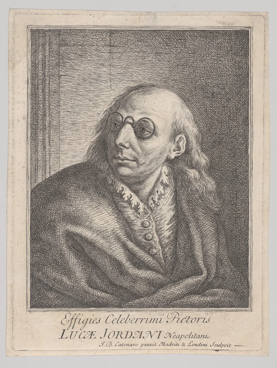 Portrait of Luca Giordano, wearing round spectacles and looking to the left by Giovanni Battista Catenaro, print, 1692-1727