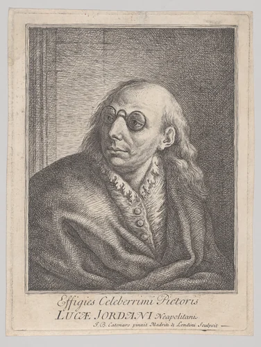 Portrait of Luca Giordano, wearing round spectacles and looking to the left by Giovanni Battista Catenaro, print, 1692-1727