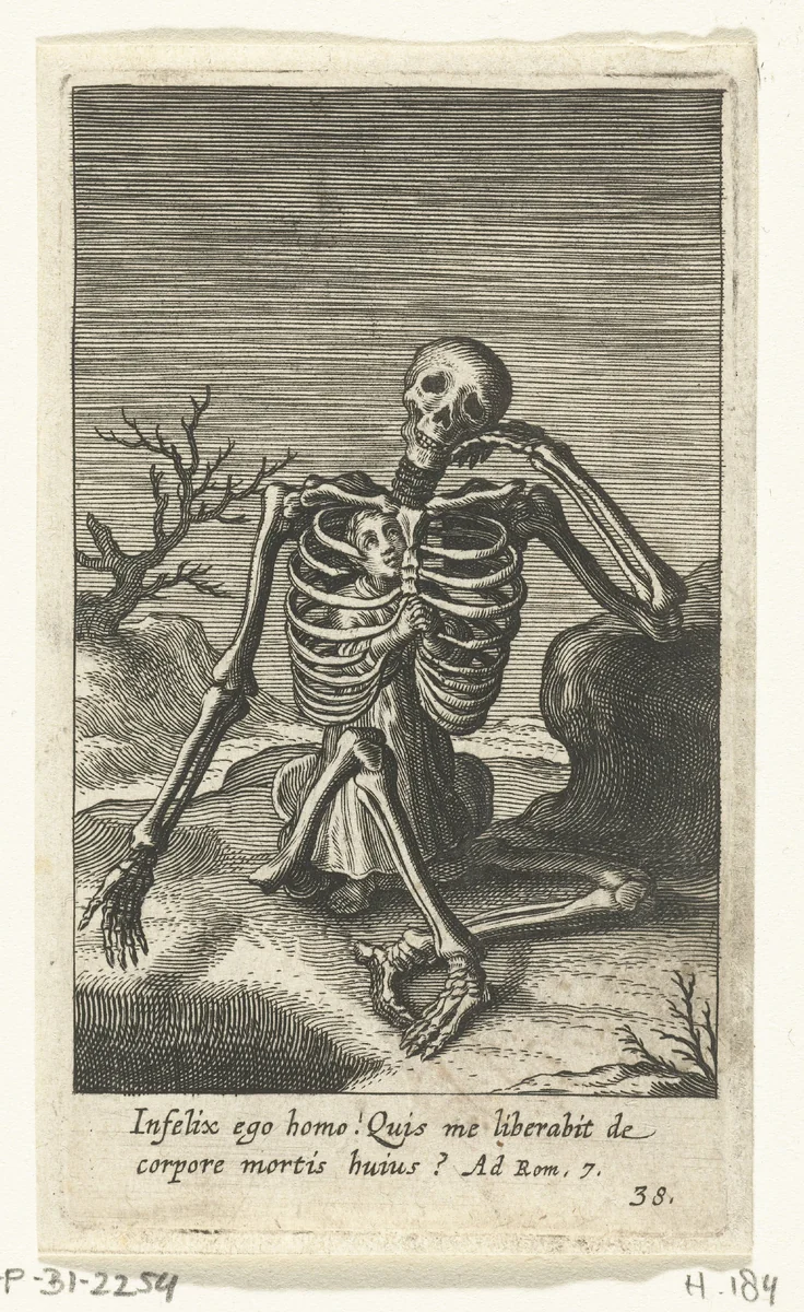 Kind in skelet van de Dood gekropen by Boëtius Adamsz. Bolswert, print, 1590-1624