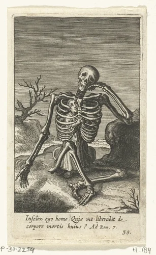 Kind in skelet van de Dood gekropen by Boëtius Adamsz. Bolswert, print, 1590-1624