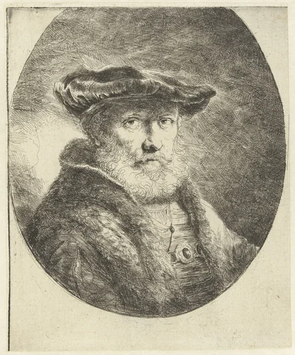 Buste van een oude man met fluwelen baret by Ferdinand Bol, print, 1650-1652