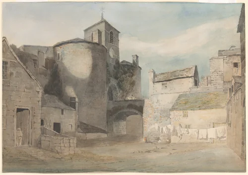 Fortified entrance to a Welsh town (East gate of Caernarvon) by John Varley, drawing, 1797-1807
