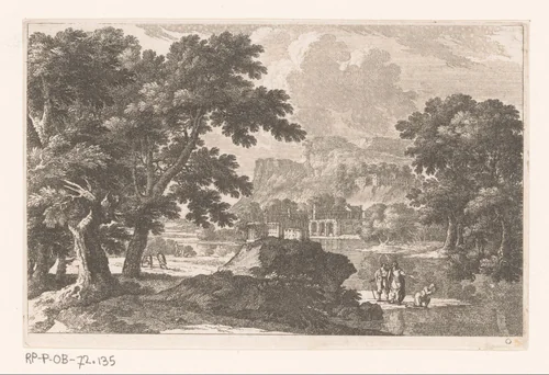 Landschap met drie mannen bij een rivier by Adam Perelle, print, 1648-1695