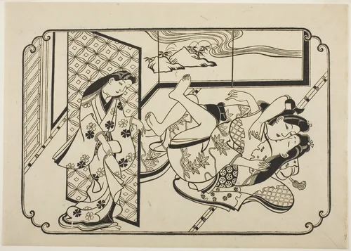 A Courtesan with Her Client, the first sheet of an untitled erotic picture album by Hishikawa Moronobu (菱川師宣), print, 1668-1686