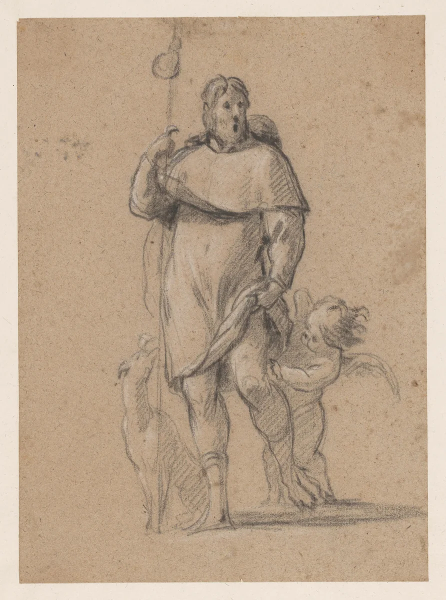 De H. Rochus met hond en engeltje by Simon Vouet, drawing, 1600-1659