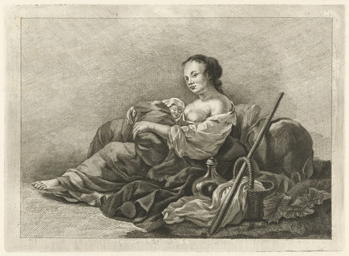 Herderin met kind by Pieter de Mare, print, 1768-1796
