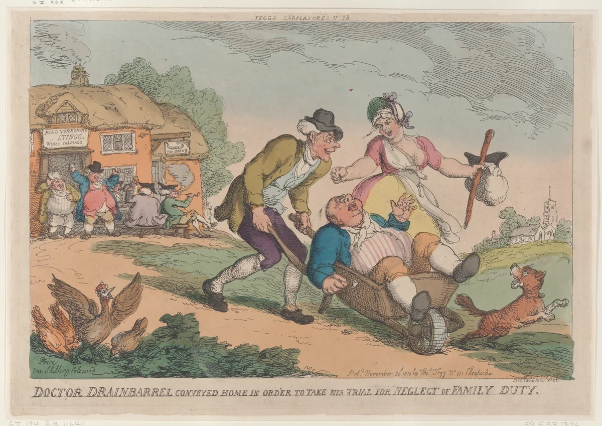Doctor Drainbarrel Conveyed Home in order to Take His Trial for Neglect of Family Duty by Thomas Rowlandson, print, 1810