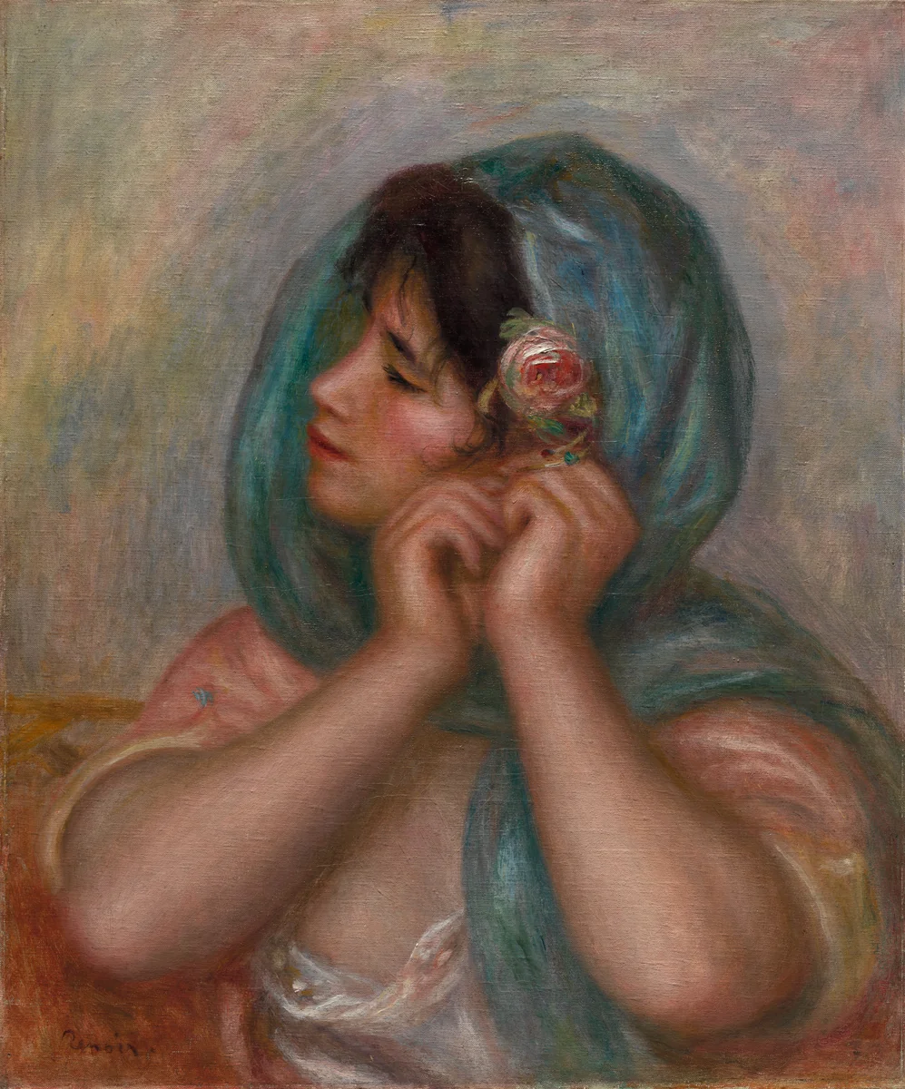 Young Woman Arranging Her Earring by Pierre-Auguste Renoir, painting, 1905