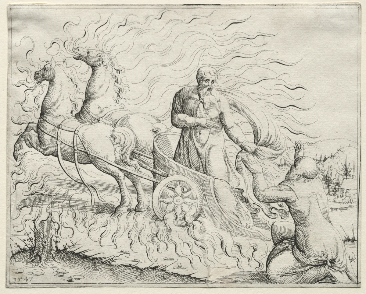 Elijah Ascends to Heaven by Augustin Hirschvogel, print, 1547