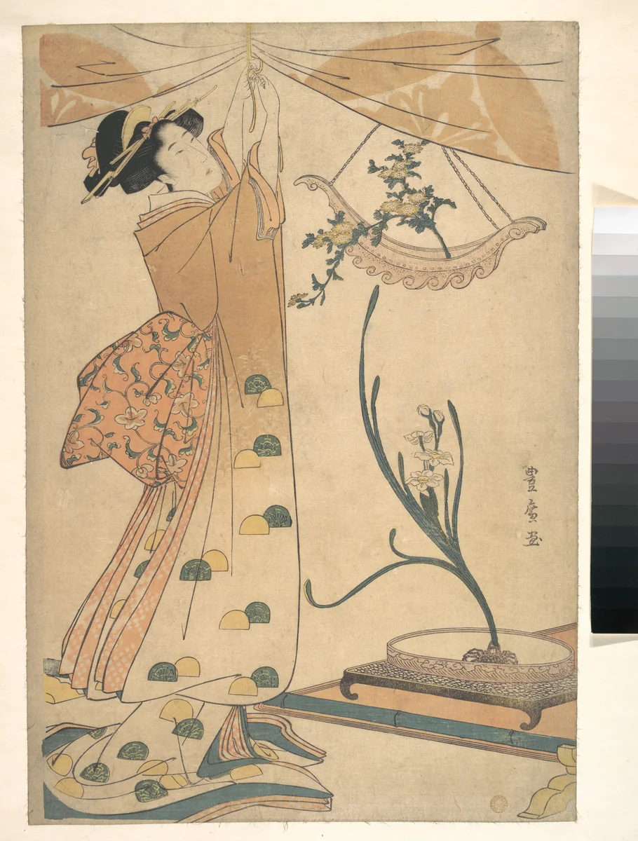 A Woman Tying up a Curtain, a Flower Arrangement of Chrysanthemums in a Boat-shaped Hanging Vase, and Narcissus Arranged in a Flower Vase by Utagawa Toyohiro (歌川豊広), print, 1795-1815