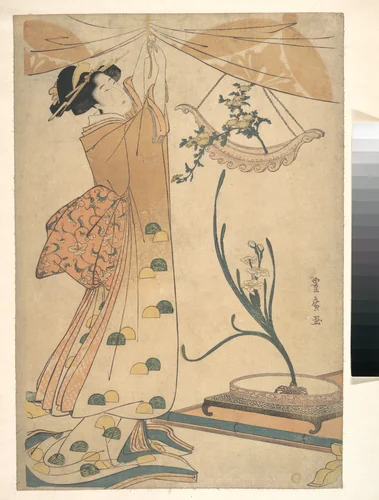 A Woman Tying up a Curtain, a Flower Arrangement of Chrysanthemums in a Boat-shaped Hanging Vase, and Narcissus Arranged in a Flower Vase by Utagawa Toyohiro (歌川豊広), print, 1795-1815