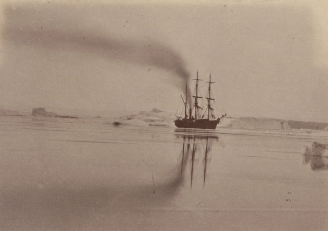 "The "panther" passing up the coast under the midnight sun" by George P. Critcherson, John L. Dunmore, William Bradford, photograph, 1869