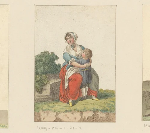 Zittende moeder met kind in haar armen by anonymous, print, 1700-1799