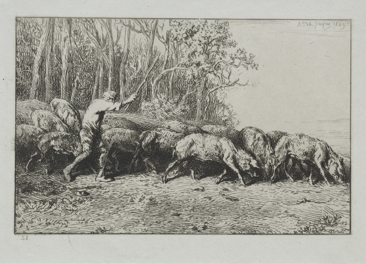 Herd of Pigs Leaving a Forest by Charles-Émile Jacque, print, 1849