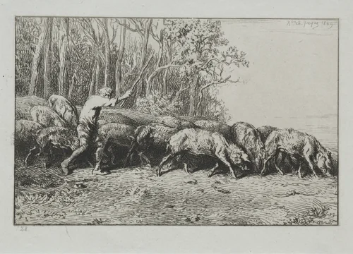 Herd of Pigs Leaving a Forest by Charles-Émile Jacque, print, 1849