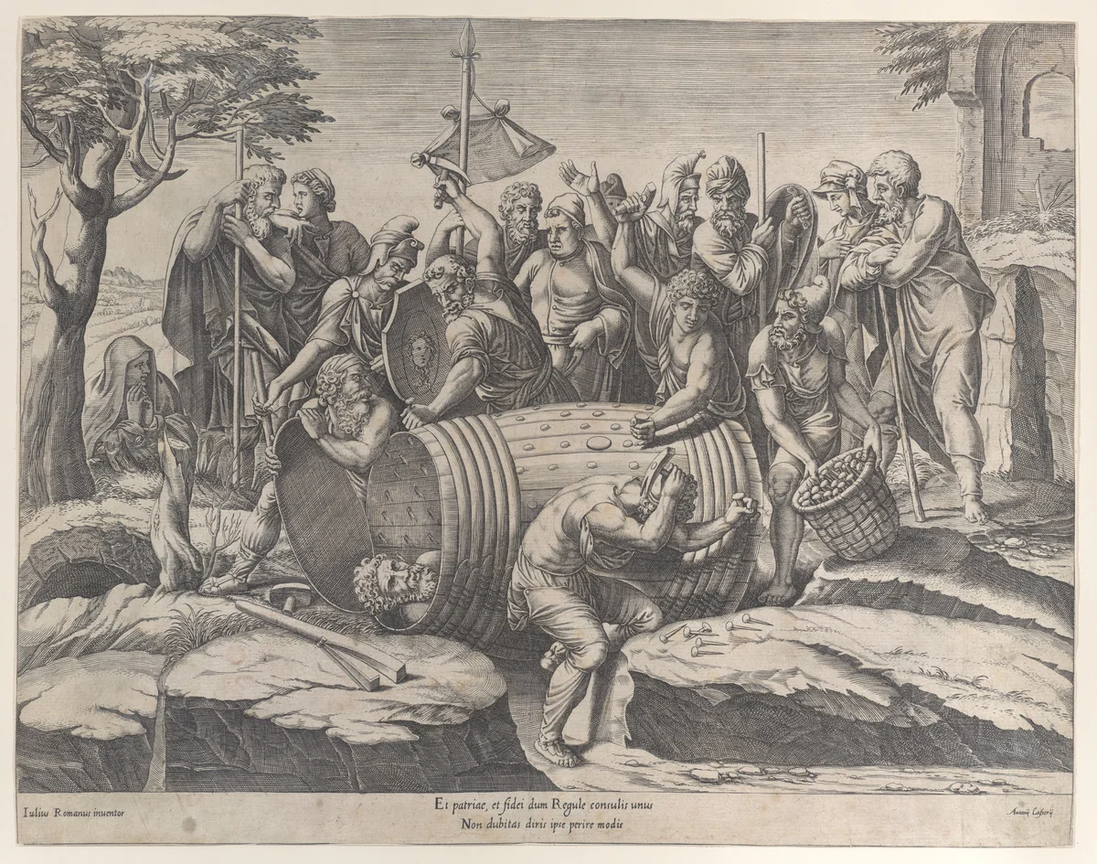 Marcus Atilius Regulus in a barrel while two men are hammering in the nails, various figures throughout by Diana Scultori, print, 1555-1577