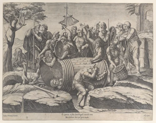 Marcus Atilius Regulus in a barrel while two men are hammering in the nails, various figures throughout by Diana Scultori, print, 1555-1577