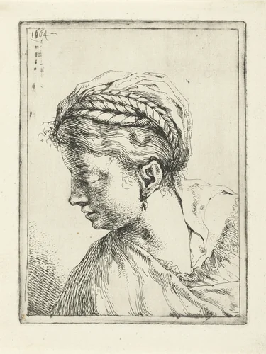 Hoofd van een vrouw met vlechten en oorbel by Leendert van der Cooghen, print, 1664