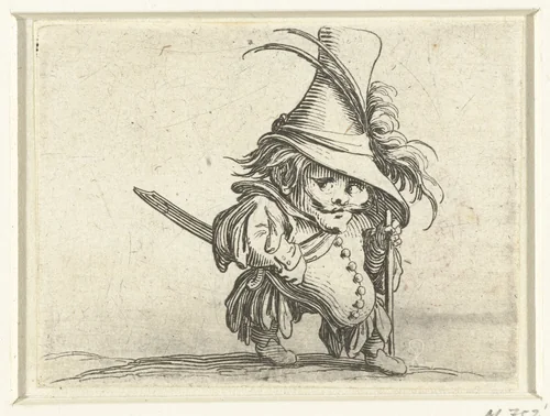 Kleine mens (karikatuur) met zwaard en wandelstok by Jacques Callot, print, 1621-1625