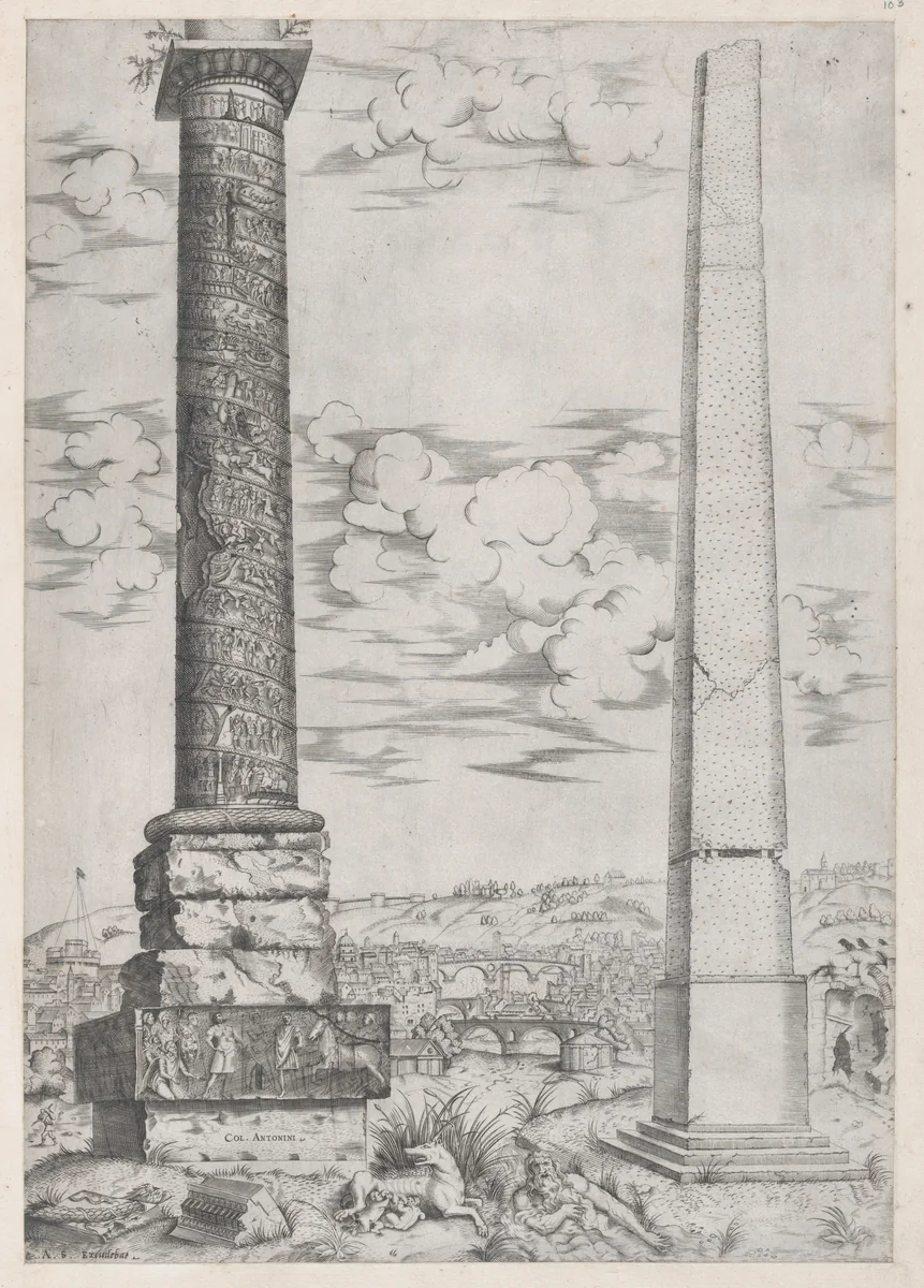Column of Antoninus and a Roman Obelisk, from "Speculum Romanae Magnificentiae" by Enea Vico, print, 1538-1575