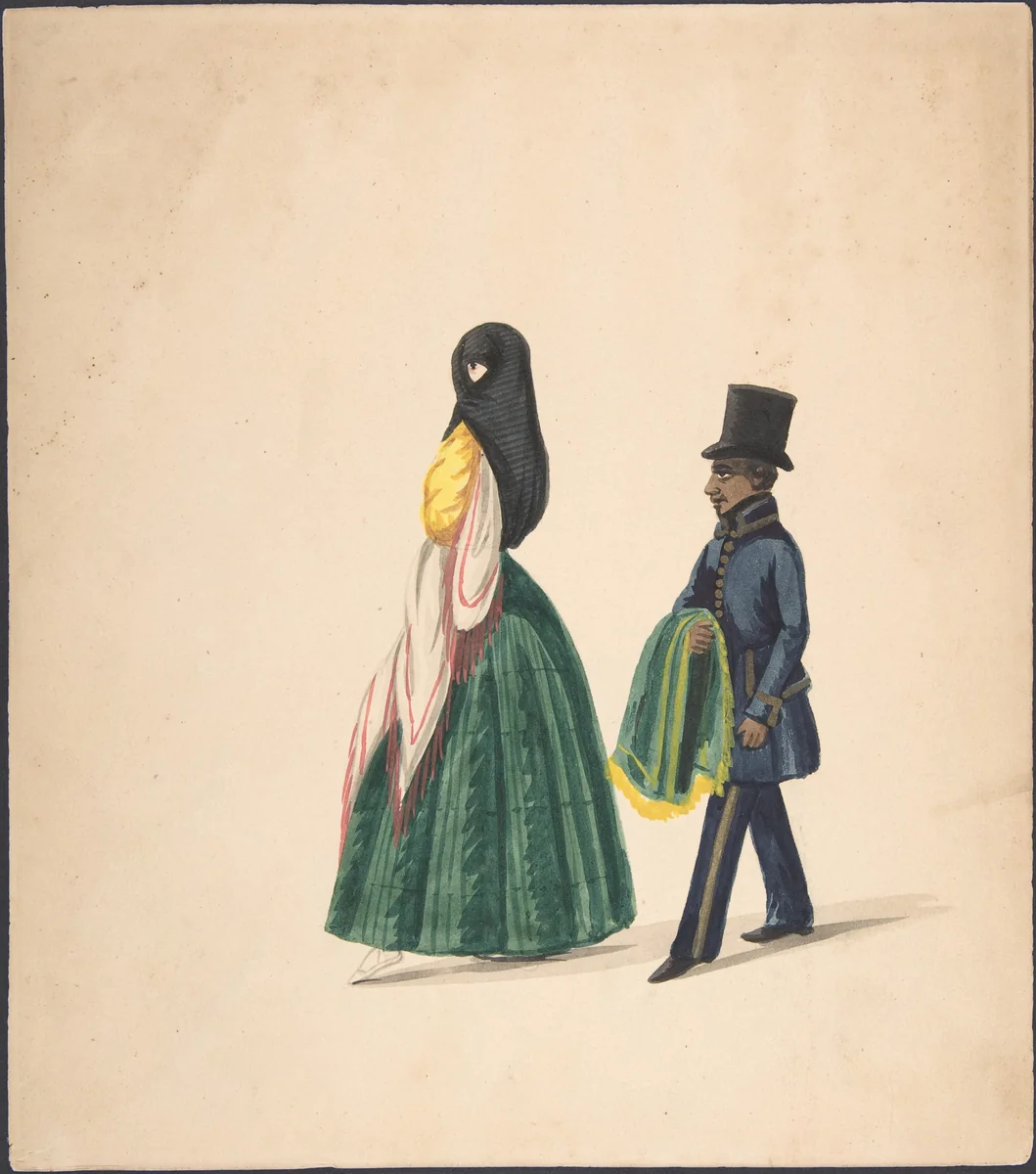 A Woman, Followed by Her Servant by anonymous, drawing, 1840-1850