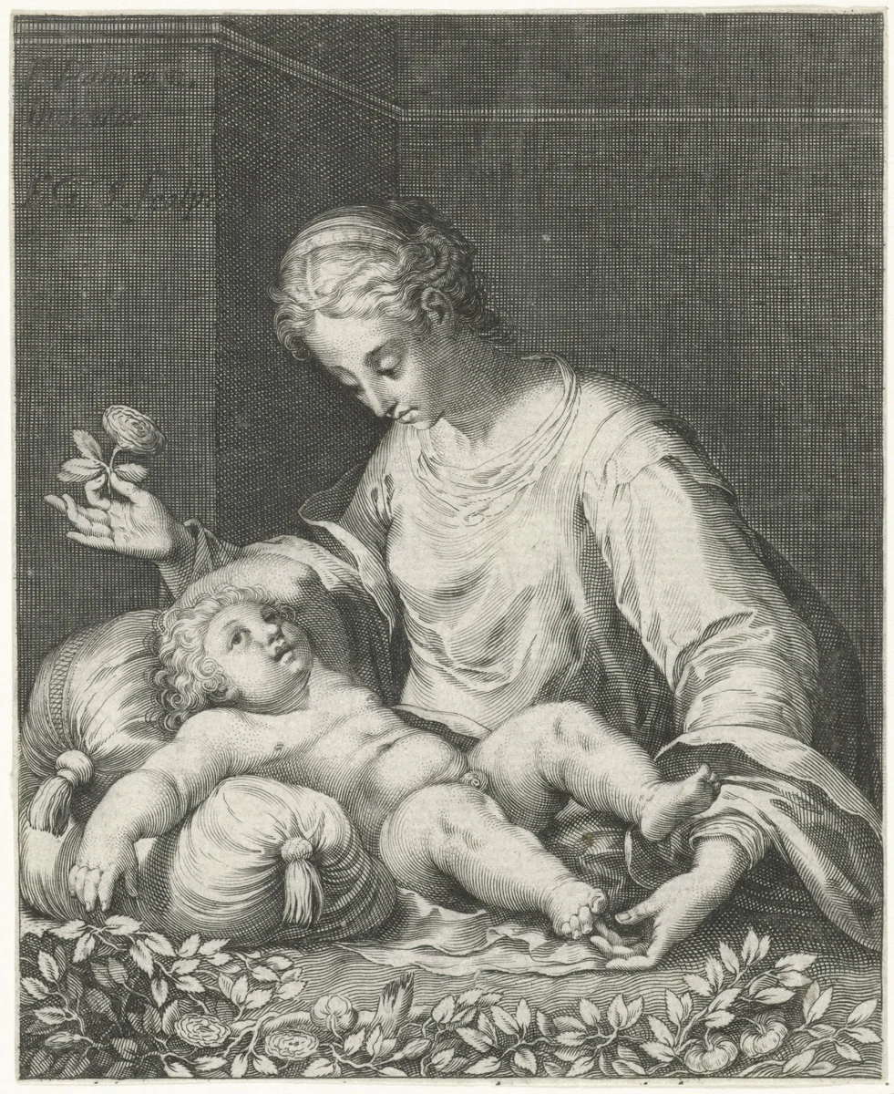 Maria en kind in de rozentuin by Unknown, print, 1580-1629