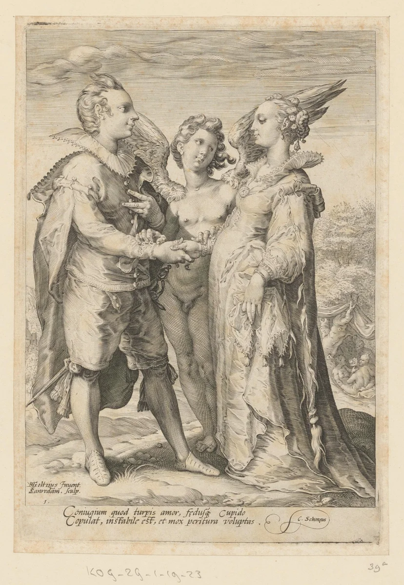Huwelijk uit zinnelijkheid door Amor gesloten by Unknown, print, 1575-1607